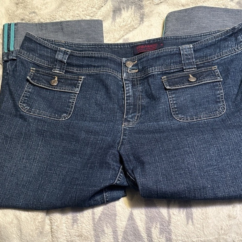 687.  Tribal Denim Cuffed Blue Cropped wide leg cuffed Jeans size 16